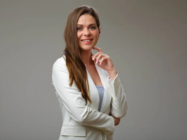 Junge Erfolgreiche Geschäftsfrau Weißen Anzug Studio Isoliert Porträt — Stockfoto