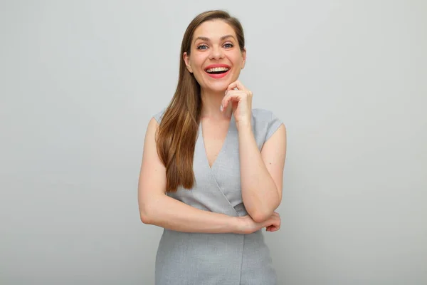 Feliz Mujer Sonriente Gris Vestido Negocios Retrato Aislado — Foto de Stock