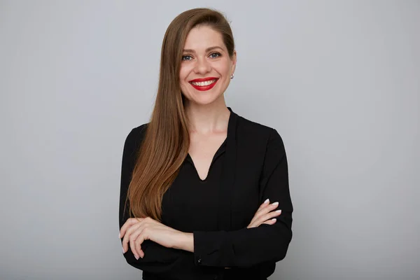 Mulher Negócios Sorridente Camisa Preta Com Braços Cruzados Retrato Feminino — Fotografia de Stock