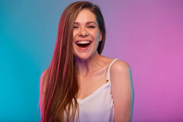Retrato Cara Mujer Feliz Con Luces Neón Efecto Colores Sonriente —  Fotos de Stock