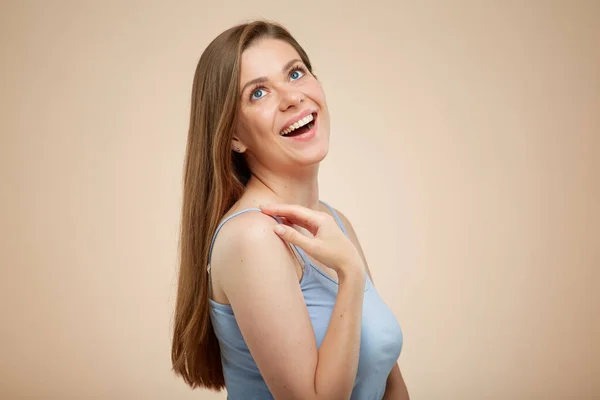 Smiling Woman Blue Clothes Looking Away Isolated Female Portrait Beige — Stock Photo, Image