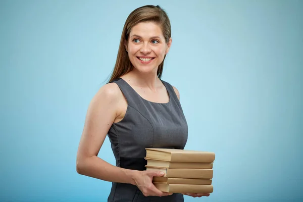 Teacher Business Woman Books Stack Looking Side Away Isolated Portrait — Stock Photo, Image