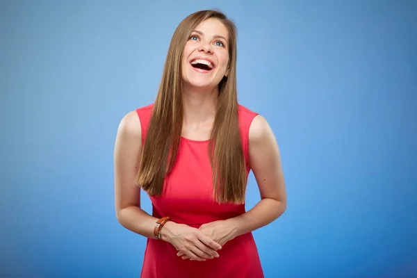 Ridere Donna Felice Abito Rosso Guardando Alto Persona Femminile Isolata — Foto Stock