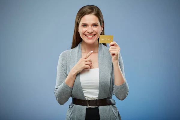 Woman with credit card isolated portrait.