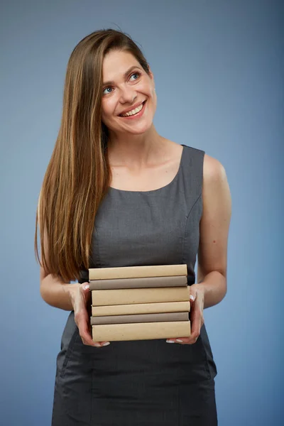 Glimlachende Vrouwelijke Leraar Student Meisje Met Boeken Stapel Kijken Naar — Stockfoto