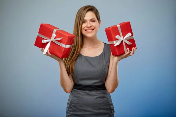 Happy Woman Business Dress Holding Two Gift Boxes Isolated Female — Stock Photo, Image