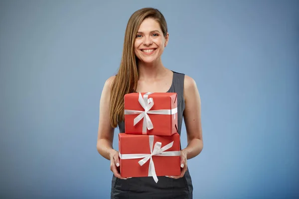 Happy Business Woman Holding Red Gift Boxes — Stock Photo, Image