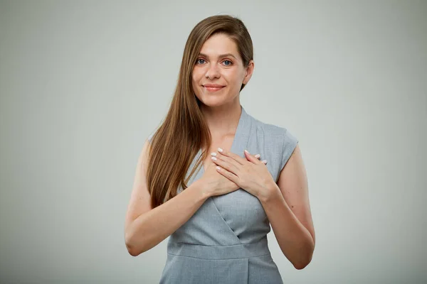 Feliz Joven Exitosa Mujer Negocios Cogida Mano Pecho Retrato Aislado —  Fotos de Stock