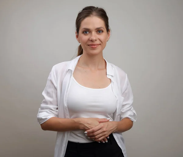 Portrait Smiling Woman White Shirt Isolated Portrait Young Woman — Stock Photo, Image