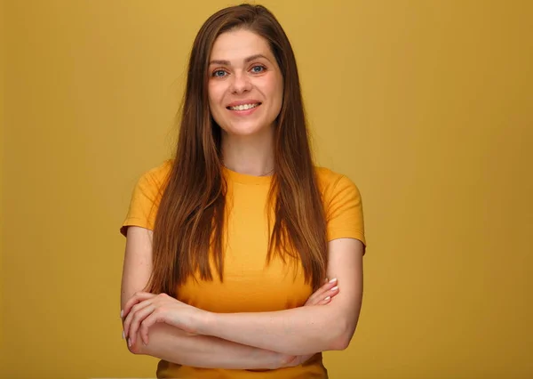 Vista Frontal Isolado Retrato Amarelo Mulher Sorridente Camisa Tellow — Fotografia de Stock