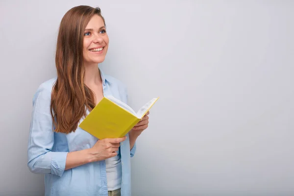 Smiling Woman Teacher Student Holding Open Book Looking Away Isolated — Stock Photo, Image