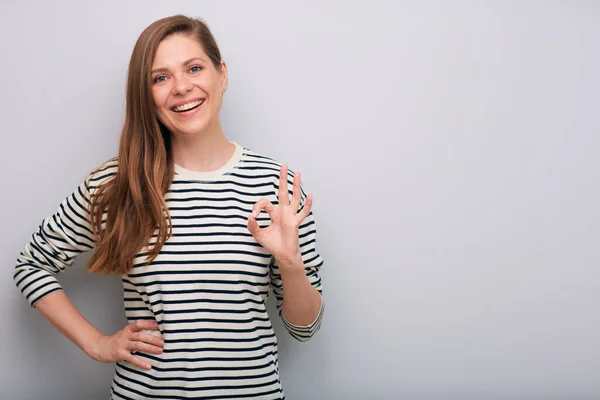 Happy Smiling Woman Striped Shirt Showing Isolated Female Portrait — Stock Photo, Image