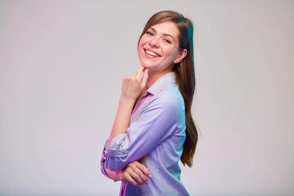 Uśmiechnięta Kobieta Biznesowa Dotykająca Twarzy Odizolowany Portret Podbródka — Zdjęcie stockowe