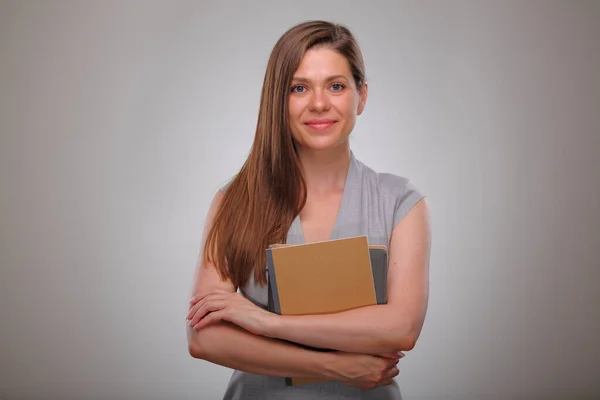 Lärare Eller Vuxen Student Bok Eller Arbetsbok Innehav Isolerade Affärskvinna — Stockfoto