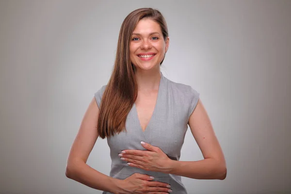 woman period Isolated portrait, smiling business person with hand on stomach
