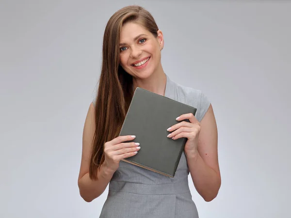 Profesora Sonriente Mujer Negocios Estudiante Con Pelo Largo Vestido Gris — Foto de Stock