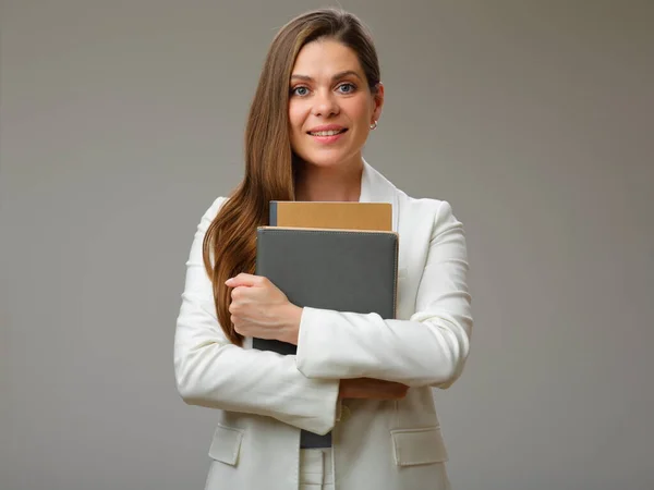 Isolated Portrait Smiling Female Teacher Woman Wearing White Business Suit — Stock Photo, Image