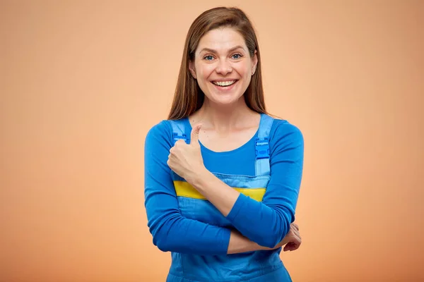 Smiling Woman Worker Student Overalls Thumb Shows Isolated Female Portrait — Stock Photo, Image