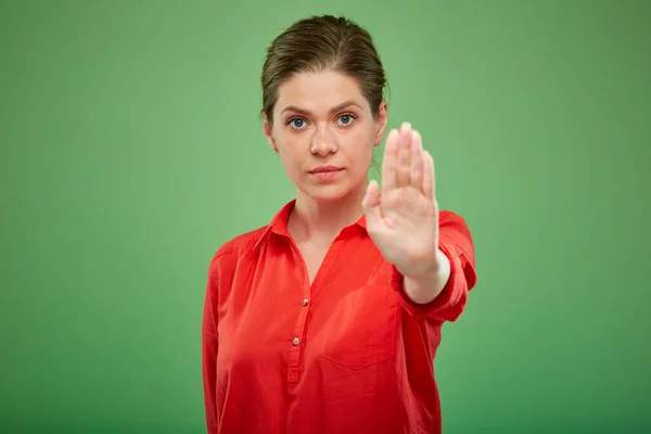 Isolated Serious Woman Doing Stop Gesture Portrait Green Background — Stock Photo, Image