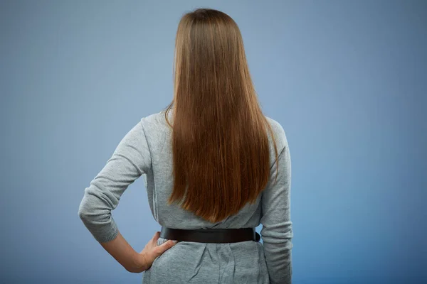 Woman Long Hair Standing Back Isolated Portrait Blue — Stock Photo, Image