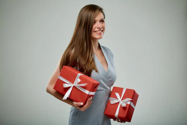 Happy Business Woman Dress Holding Two Red Gifts Isolated Gray — Stock Photo, Image