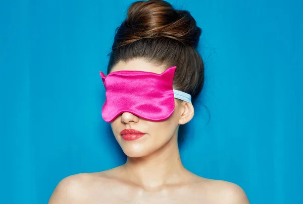 Woman Bun Hairstyle Pink Sleep Mask Isolated Blue Wall Background — Stock Photo, Image