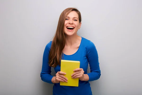 Emotiona Happy Student Woman Yellow Book Isolated Portrait Gray Wall — Stock Photo, Image