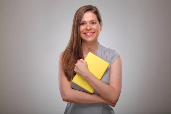 Maestra Estudiante Adulta Mujer Negocios Aislada Retrato Libro Amarillo Sonriente —  Fotos de Stock