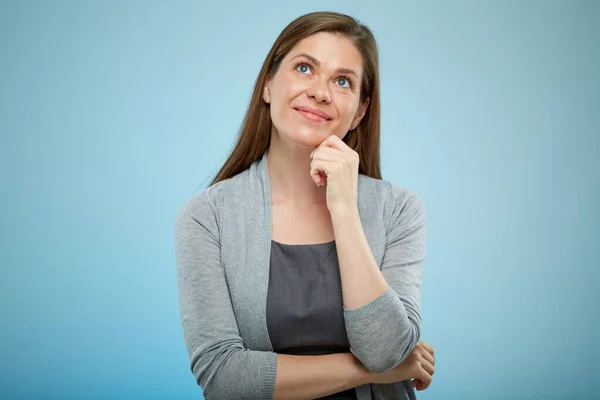 Smiling Thinking Woman Looking Isolated Portrait Light Blue — Stock Photo, Image