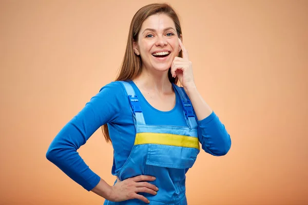 Denkende Vrouw Bouwer Student Overalls Geïsoleerd Vrouwelijk Portret Werkuniform — Stockfoto