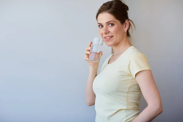 Smiling Woman Drinking Water Glass Isolated Head Shot — Stock Photo, Image