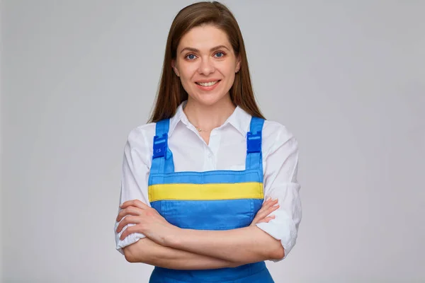 Mujer Sonriente Uniforme General Azul Camisa Blanca Pie Con Los —  Fotos de Stock
