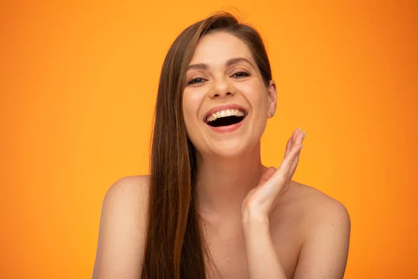 Laughing Woman Long Hair Bared Shoulders Gesture Hand Isolated Female — Stock Photo, Image
