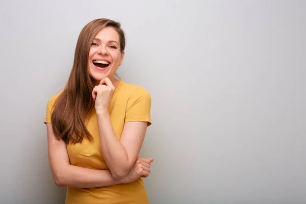 Lachende Vrouw Geïsoleerd Portret Meisje Aanraken Gezicht — Stockfoto