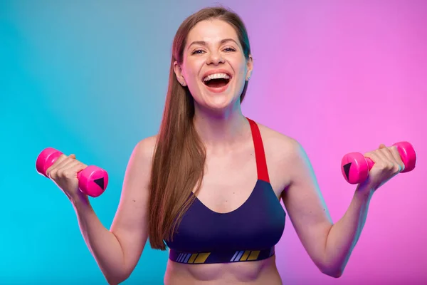 Uzun Saçlı Spor Sutyenli Pembe Halterli Bir Kadın Neon Renkli — Stok fotoğraf