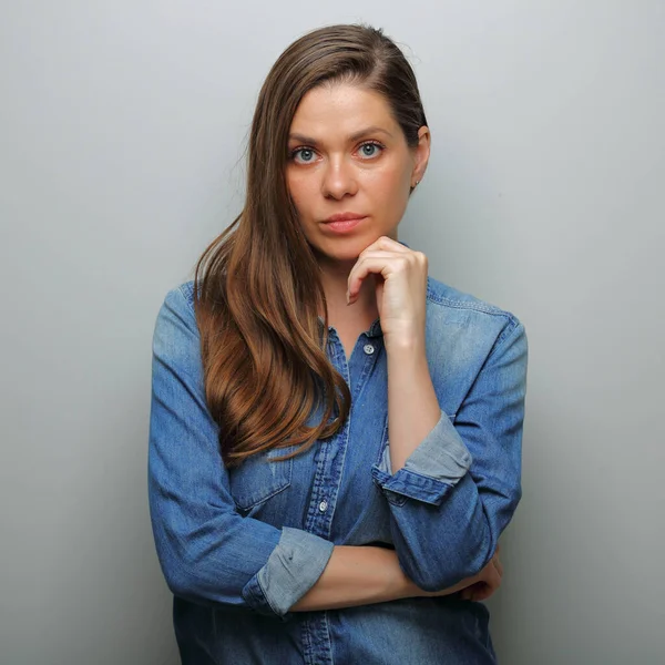 Serious Woman Blue Casual Denim Shirt Isolated Female Portrait — Stock Photo, Image