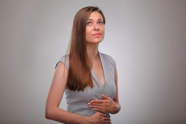 Período Mulher Distúrbio Digestivo Retrato Isolado Mulher Empresária Olhando Para — Fotografia de Stock