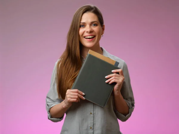 Happy Teacher Student Woman Holding Book Isolated Portrait Emotional Woman — Stock Photo, Image