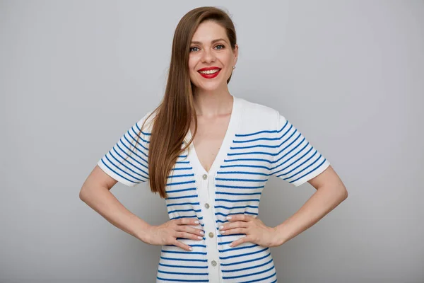 Smiling Woman Isolated Portrait Girl White Dress Blue Stripes — Stock Photo, Image