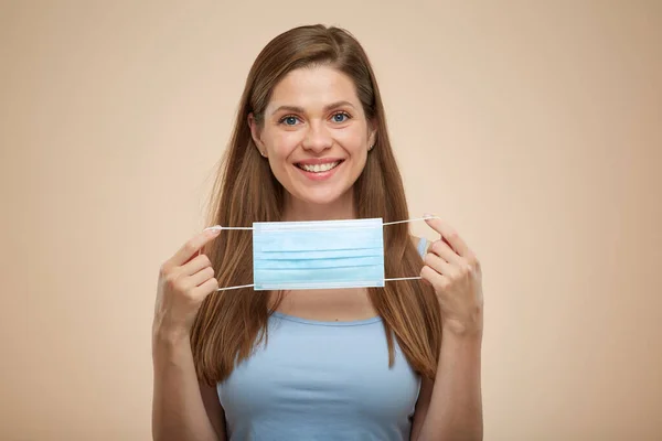 Woman Put Medical Mask Isolated Female Portrait — Stock Photo, Image