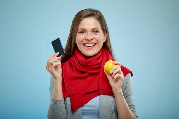 Happy Woman Holding Lemon Medicine Isolated Blue Royalty Free Stock Photos