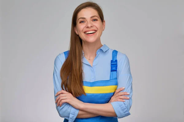 Mulher Sorrindo Encanador Trabalhador Elictricista Macacão Uniforme Azul Com Braços — Fotografia de Stock