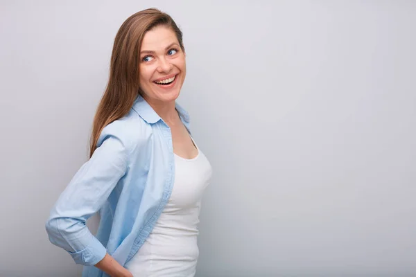 Profile Smiling Woman Blue White Shirt Looking Back Shoulder Isolated — Stock Photo, Image