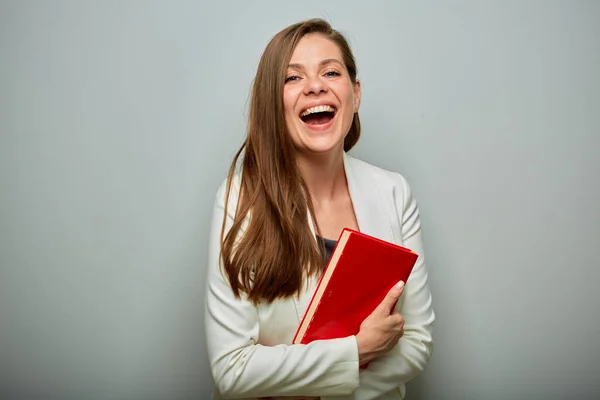 Γελώντας Χαρούμενος Δάσκαλος Φοιτήτρια Κόκκινο Βιβλίο Απομονωμένο Πορτρέτο — Φωτογραφία Αρχείου