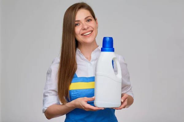 Retrato Estudio Aislado Gris Niña Sonriente Vestida Azul General Mujer — Foto de Stock