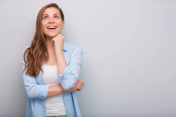 Gelukkig Dromen Vrouw Zoek Omhoog Geïsoleerd Portret — Stockfoto