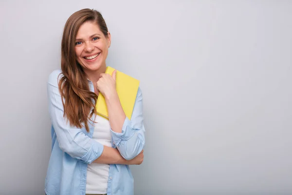 Happy Smiling Woman Teacher Student Holding Book Isolated Portrait Blue — Stock Photo, Image