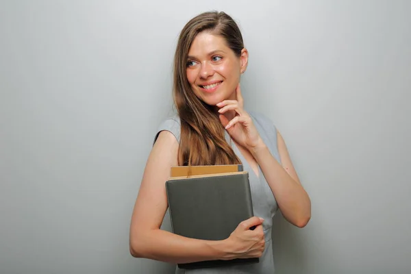 Profesora Estudiante Con Libro Ejercicios Mirando Hacia Atrás Por Encima —  Fotos de Stock