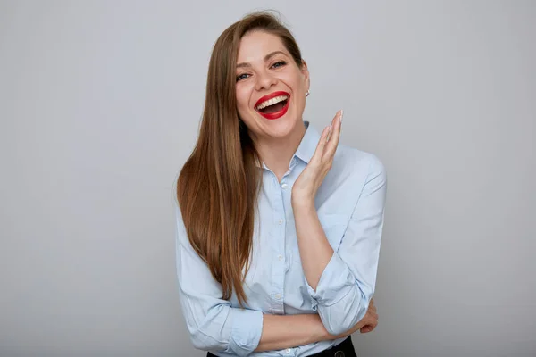 Mujer Asombrada Con Labios Rojos Camisa Azul Gesto Con Mano —  Fotos de Stock