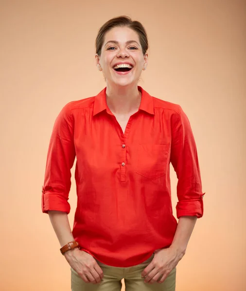 Feliz Rindo Jovem Senhora Vermelho Camisa Isolado Retrato — Fotografia de Stock